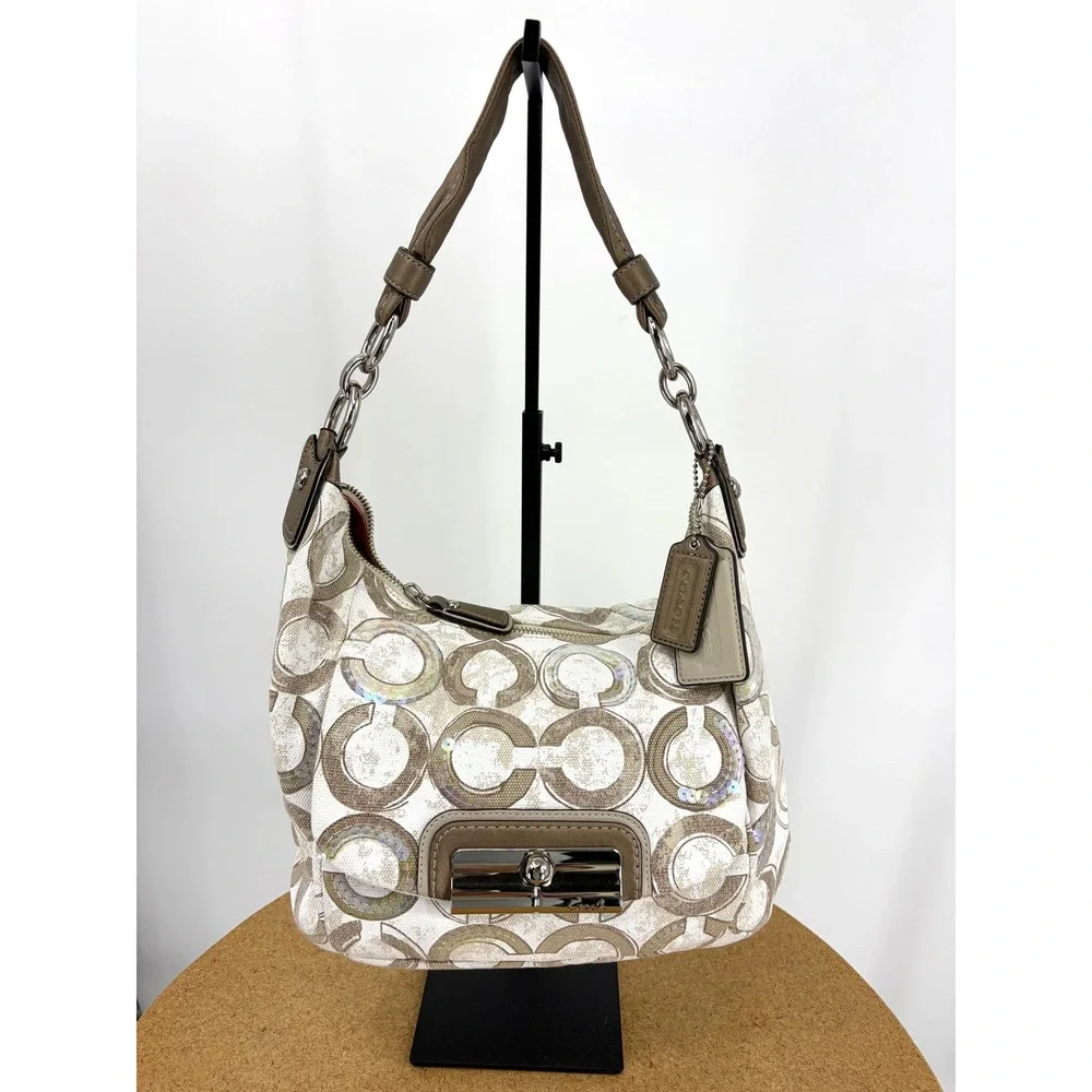 Coach Poppy Signature Sequin Applique Hobo Bag Khaki Cream 16791 with Pouch